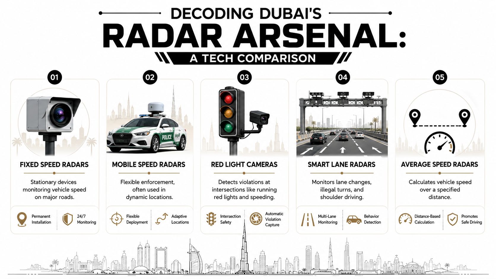 Radars in Dubai: A 2026 Guide for Drivers 2 An infographic detailing the five different types of speed radar technologies used for traffic enforcement in Dubai.