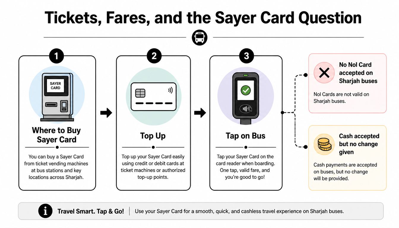 Muwaileh Bus Station: The Complete Traveler Guide for 2026 2 An infographic explaining how to purchase, top up, and use a Sayer bus card in Sharjah.