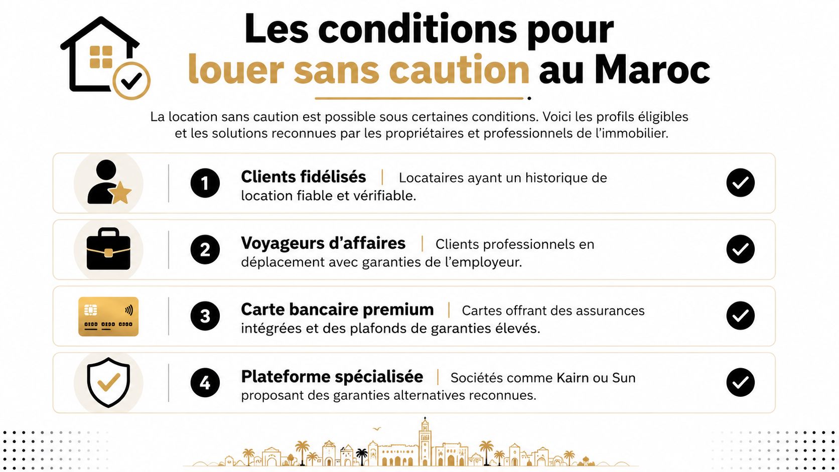 Infographie illustrant les quatre conditions principales pour louer un véhicule sans caution au Maroc de manière sécurisée.