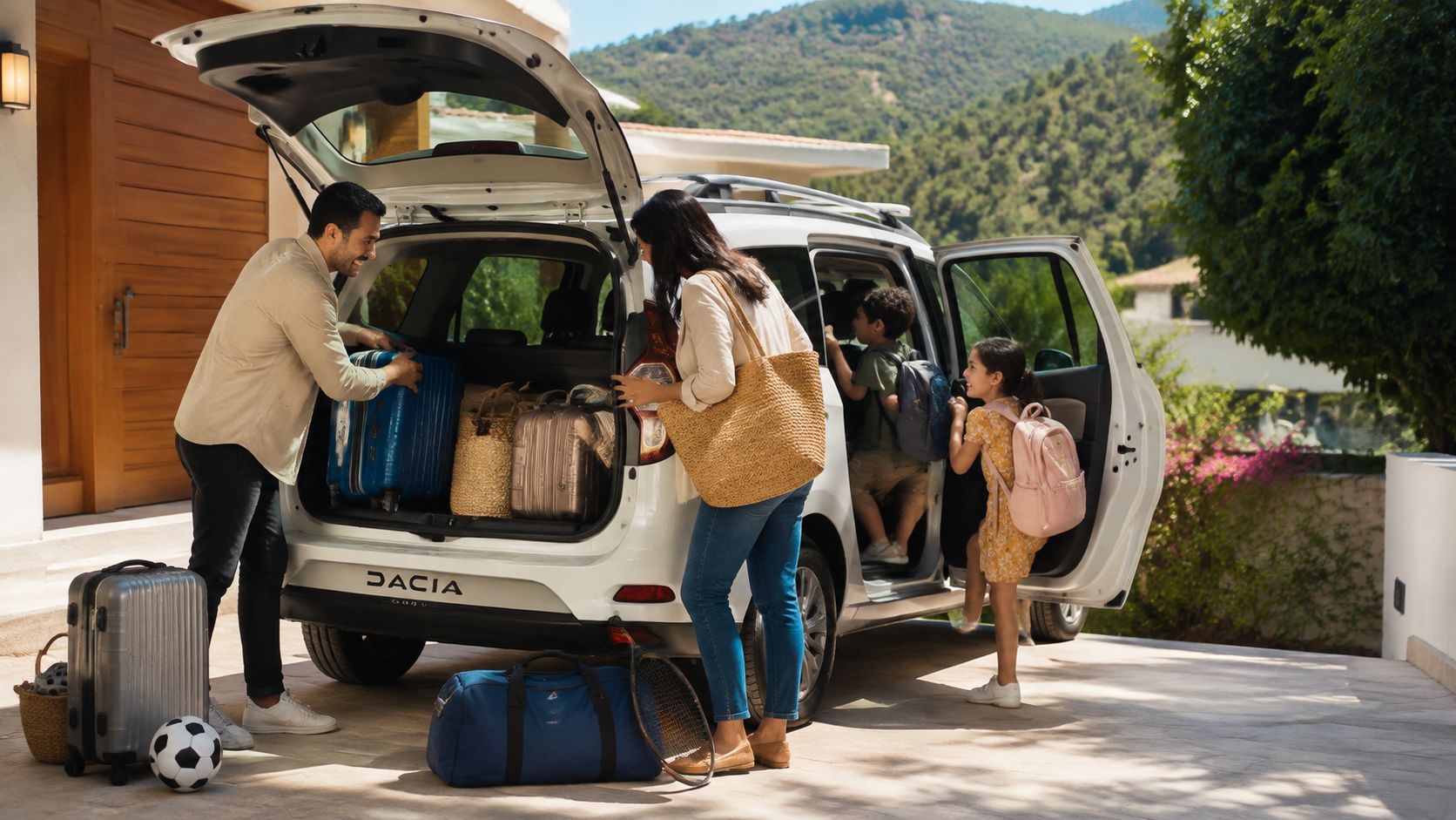 Dacia Lodgy 7 places : guide complet 1 Une famille charge ses bagages dans une voiture familiale Dacia devant une maison ensoleillée pour les vacances.