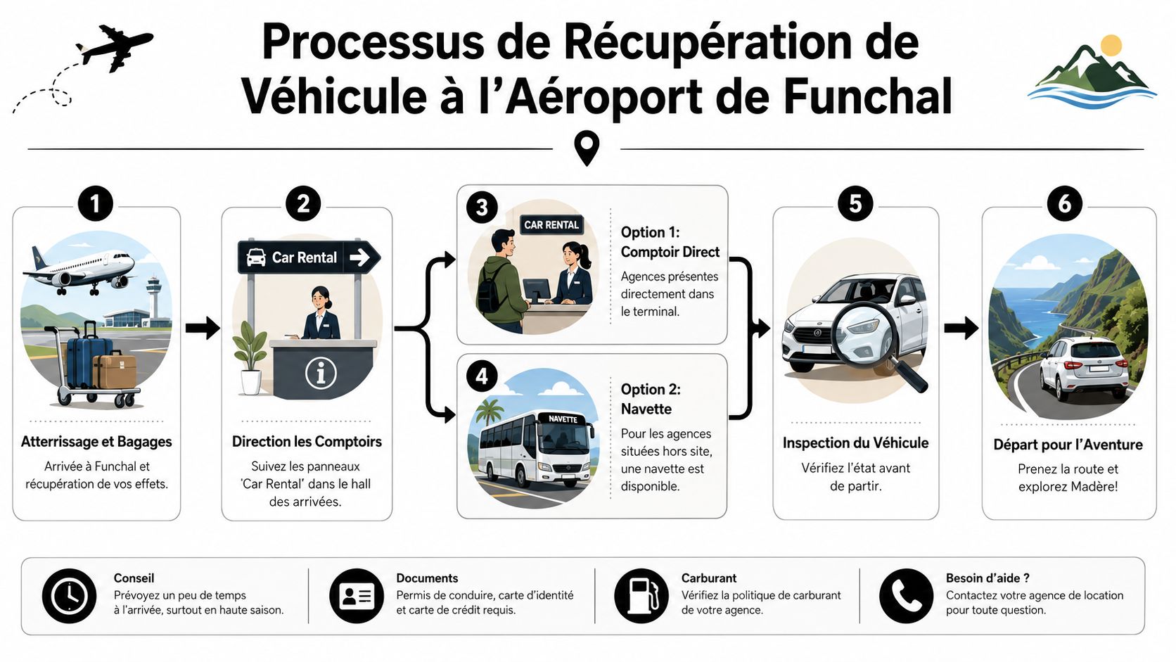 Infographie illustrant les étapes pour louer un véhicule à l'aéroport de Funchal à Madère.