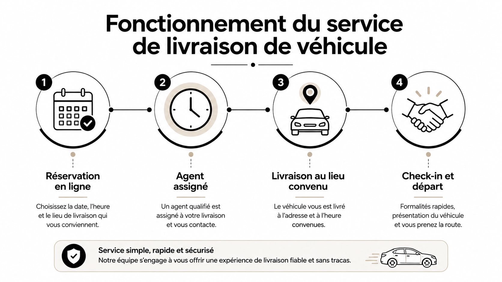 Infographie détaillant les quatre étapes simples et sécurisées du service de livraison de véhicule à domicile.
