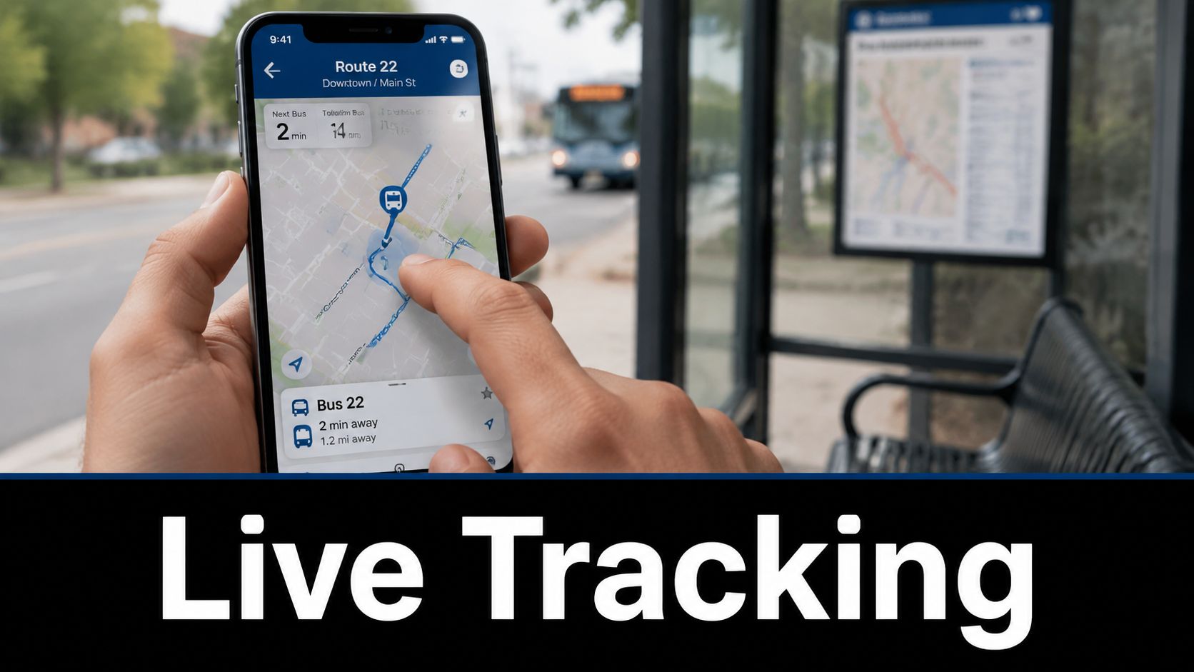 F17 Bus Timings: Complete Schedule, Route and Stop Guide 3 A person holding a smartphone showing a bus tracking app for Route 22 at a bus stop.