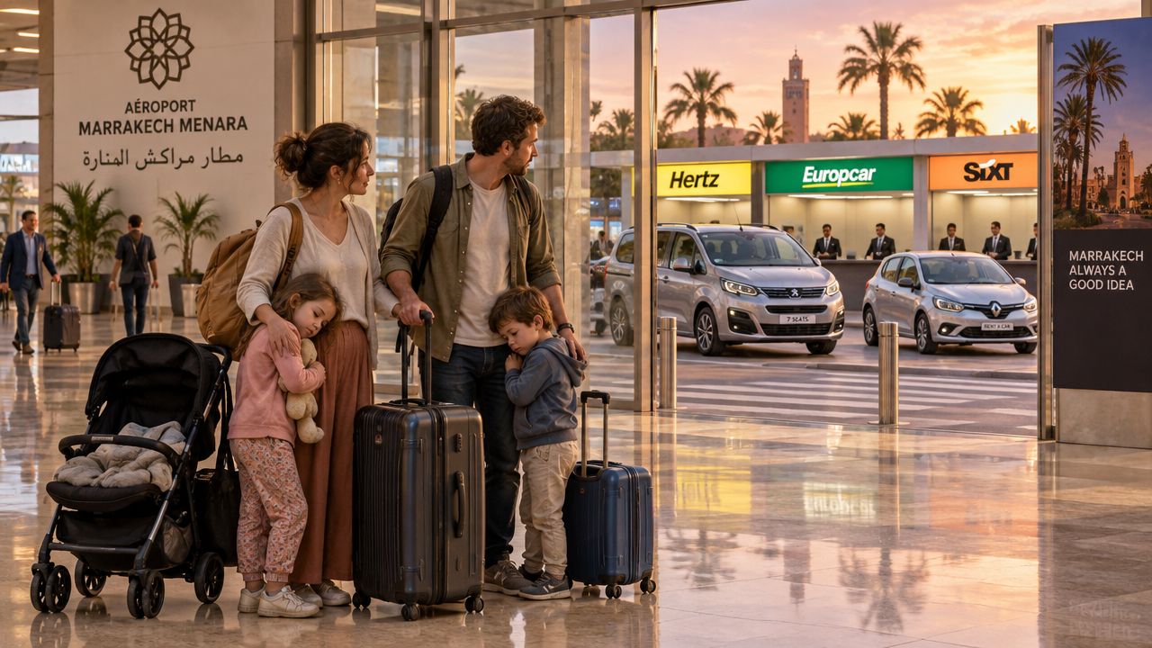Une famille avec deux enfants et des valises arrivant à l'aéroport de Marrakech Menara au Maroc.