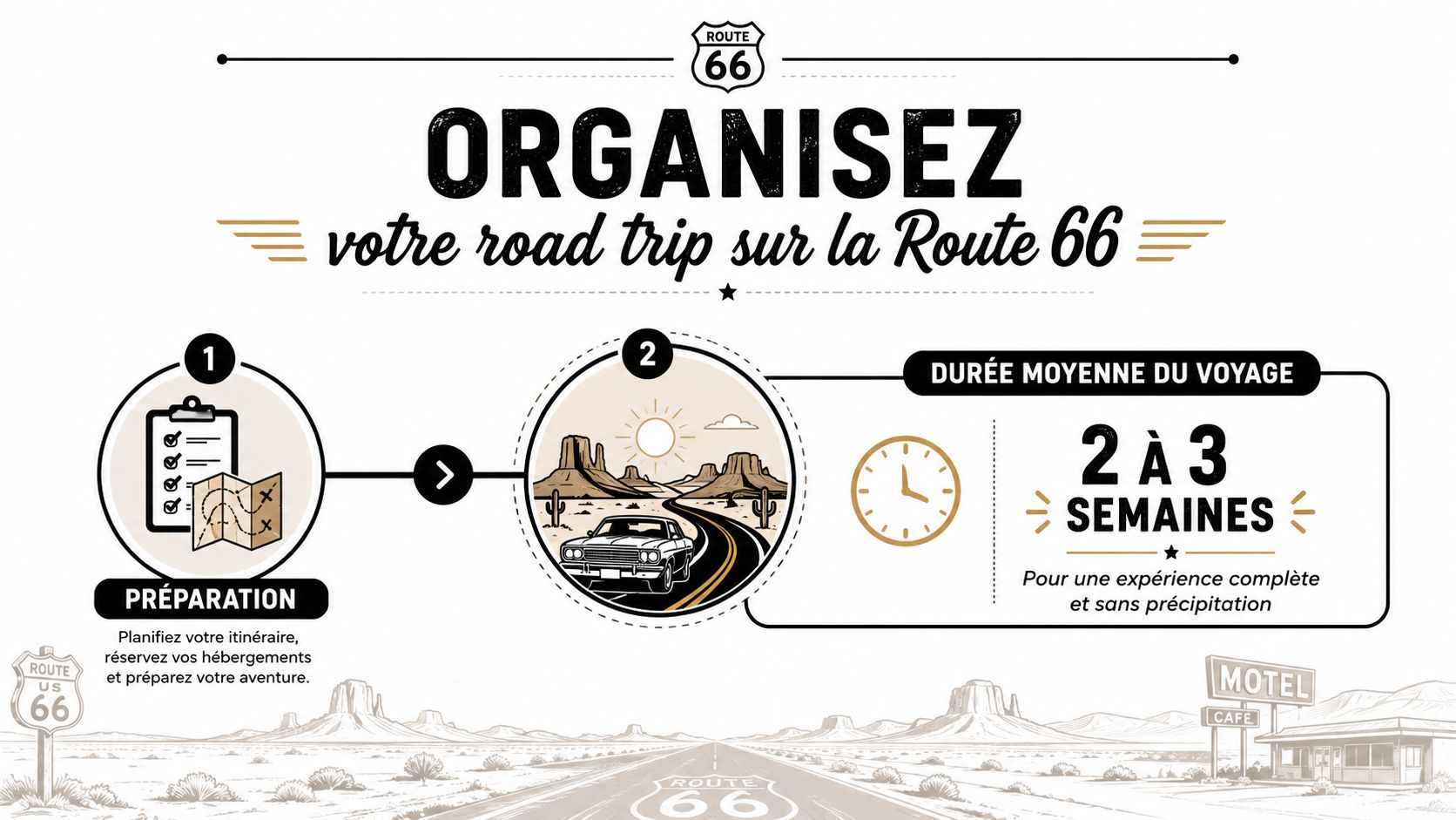 Infographie illustrant les étapes pour organiser un voyage inoubliable sur la célèbre Route 66 aux États-Unis.
