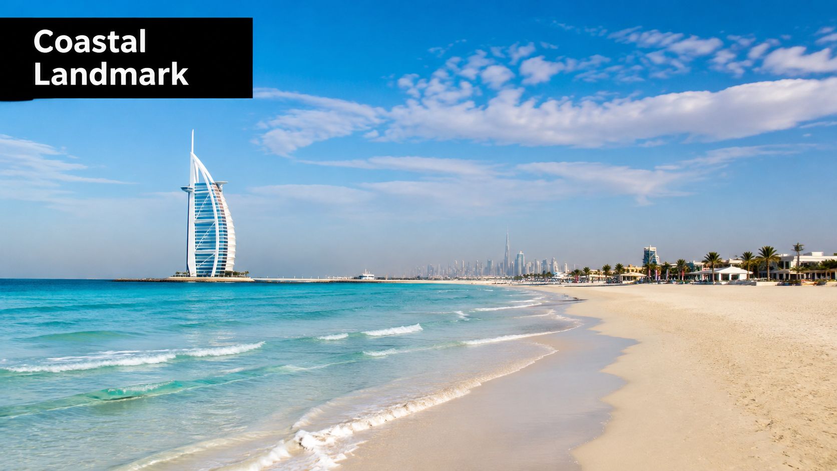 The Burj Al Arab luxury hotel standing on a beach with the Dubai skyline in the distance