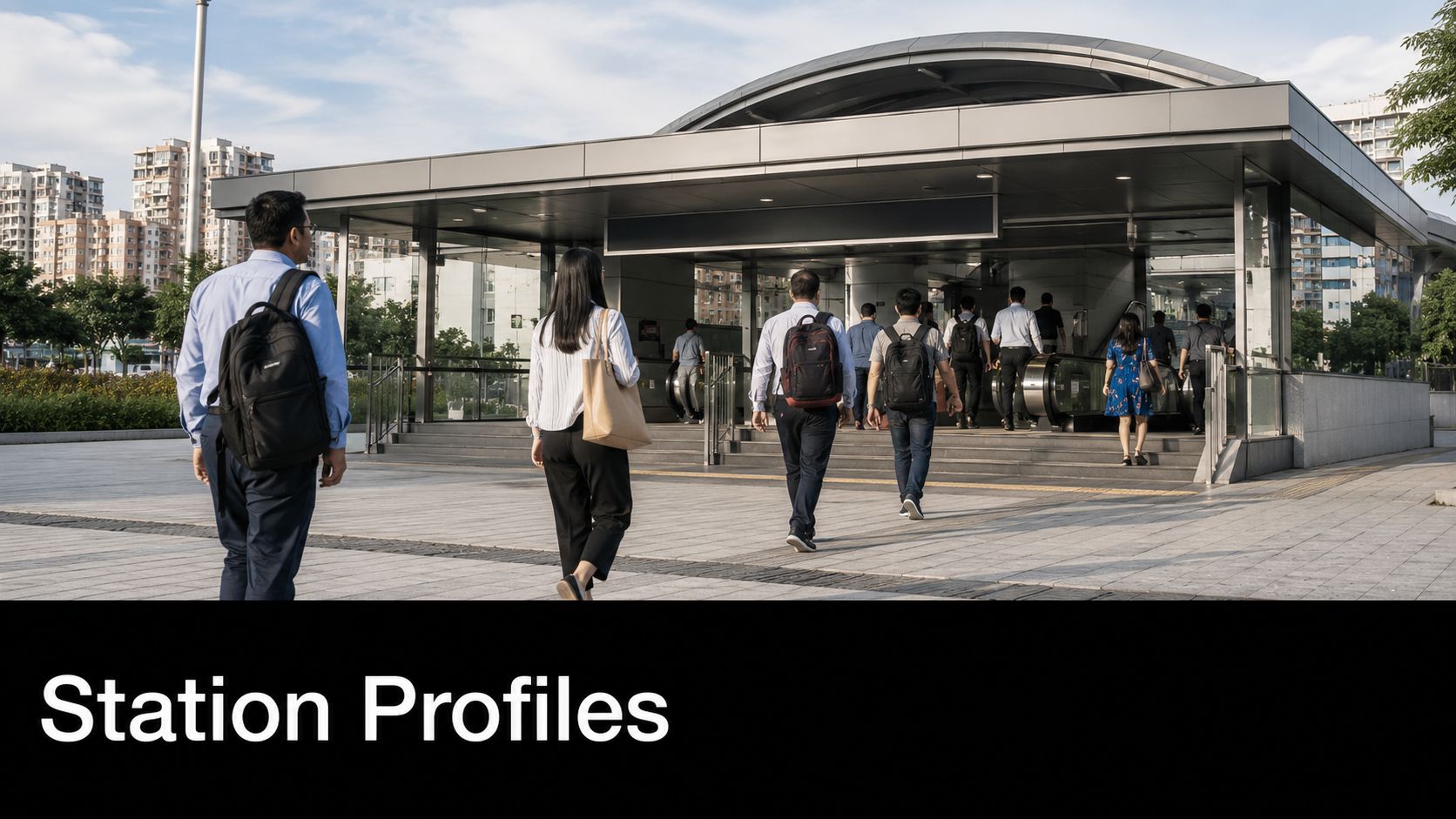 Commuters walking toward the entrance of a modern metro station on a bright, sunny day