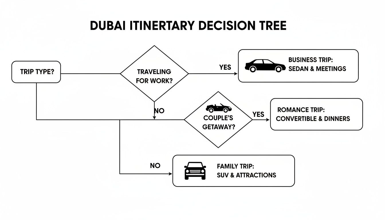 Mercedes Lease Dubai: Luxury Driving Awaits 4 Dubai itinerary decision tree flowchart showing trip types: business, romance, family, and associated car types.