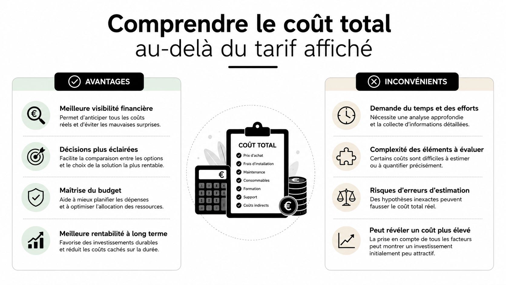 Infographie comparant les avantages et les inconvénients de l'analyse du coût total de possession d'un produit.