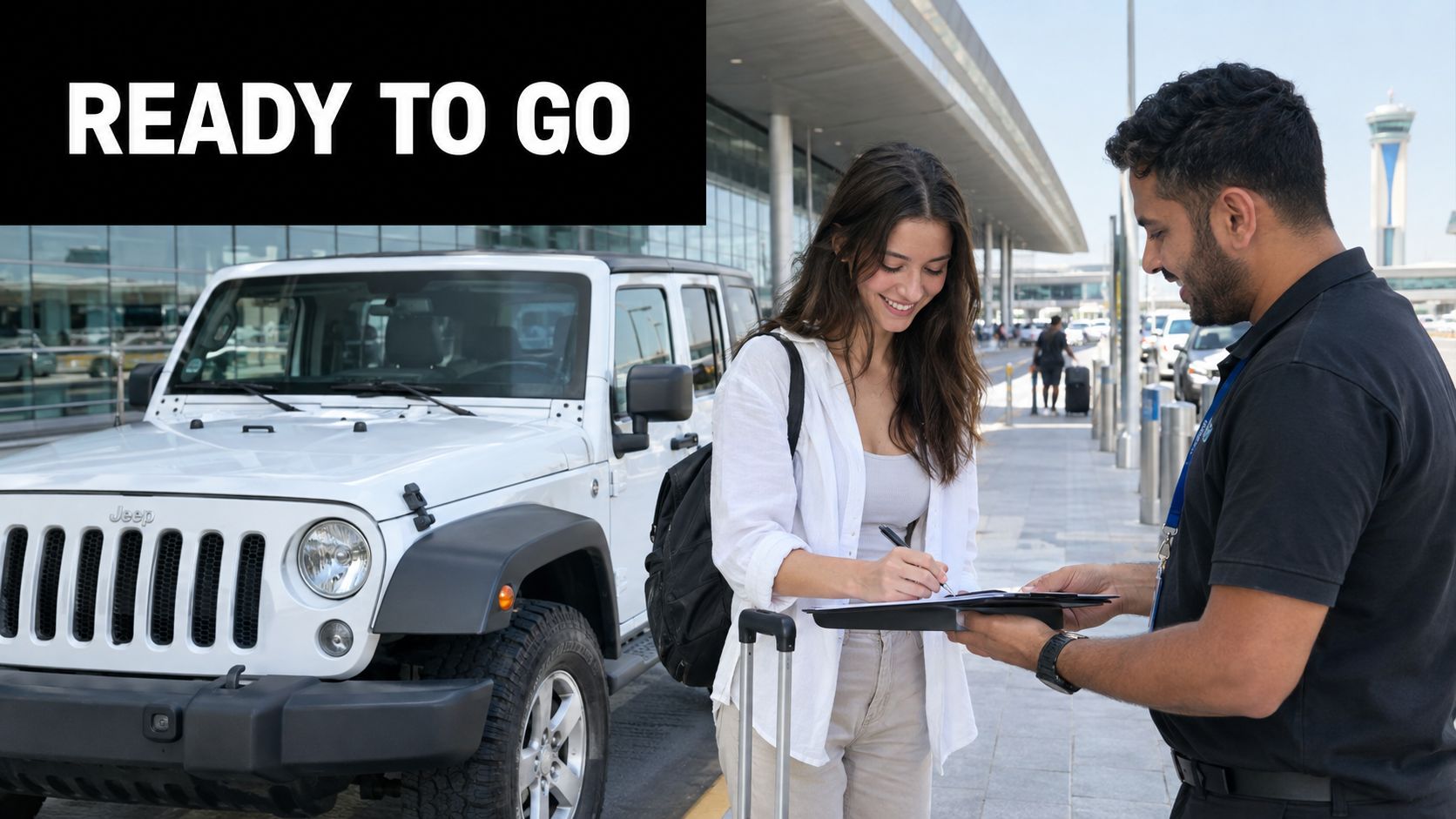 A woman signing paperwork with a rental agent next to a white Jeep Wrangler at an airport.