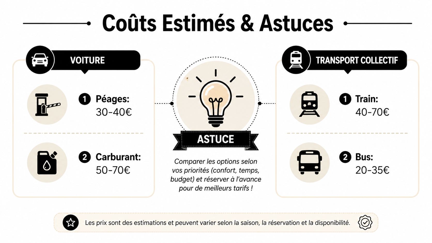 Comparatif des coûts de transport entre la voiture, le train et le bus pour un trajet donné.