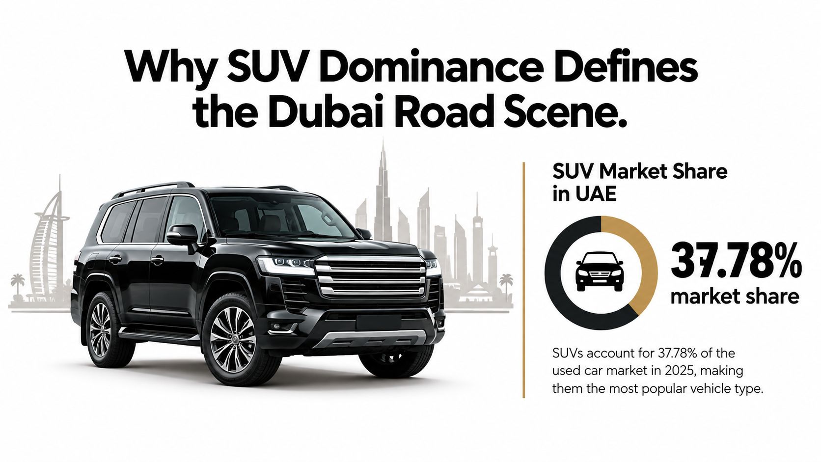 Best SUV in Dubai 2026: Top Picks by Lifestyle and Budget 1 A black SUV parked against a Dubai skyline background with text highlighting a 37.78% market share.