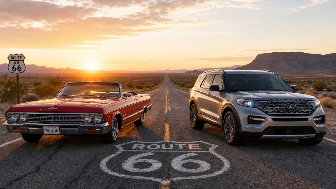 Une voiture décapotable rouge et un SUV gris garés sur la légendaire Route 66 au coucher du soleil.