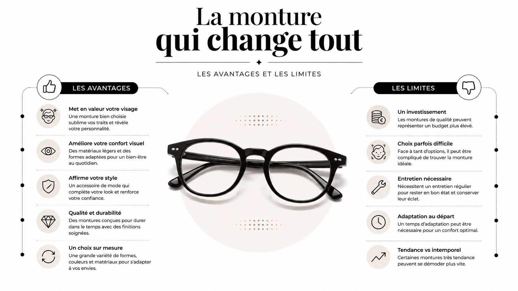 Lunettes de soleil conduite : comment bien choisir 3 Infographie présentant les avantages et les limites du choix d'une monture de lunettes pour le visage.