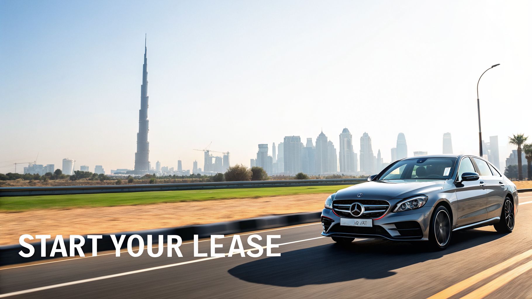 Mercedes Lease Dubai: Luxury Driving Awaits 1 A silver Mercedes-Benz car drives on a road with the Dubai skyline, promoting a lease.