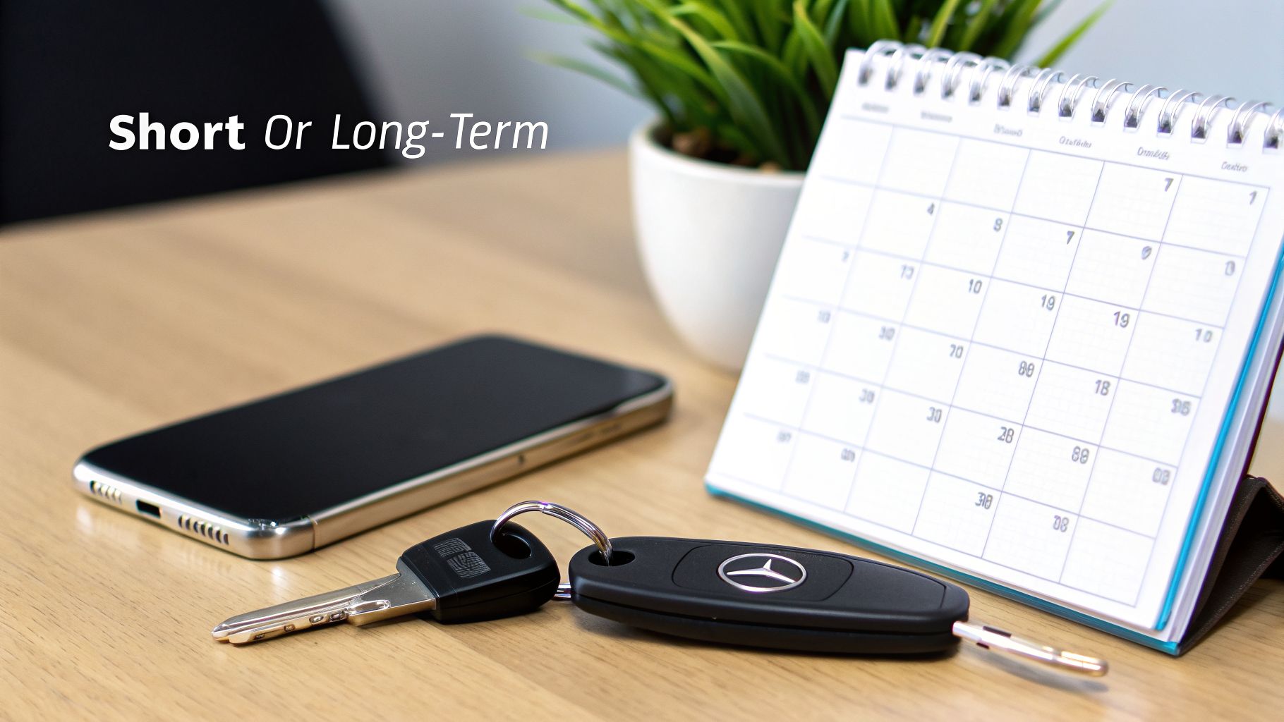 Mercedes Lease Dubai: Luxury Driving Awaits 2 A desk with a smartphone, Mercedes car keys, and a calendar, symbolizing short or long-term vehicle decisions.