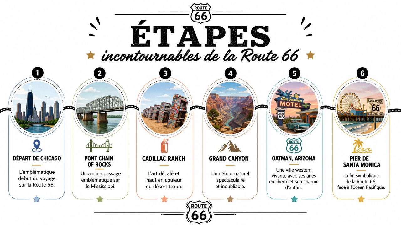 Une infographie montrant six étapes incontournables d'un voyage sur la célèbre route 66 américaine.