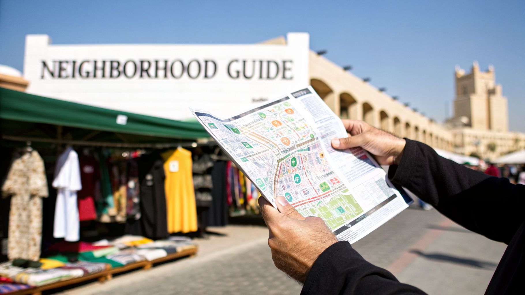 Your Guide to Bur Dubai Maps 2 A person holds a detailed city map in front of a 'NEIGHBORHOOD GUIDE' sign and market stalls.