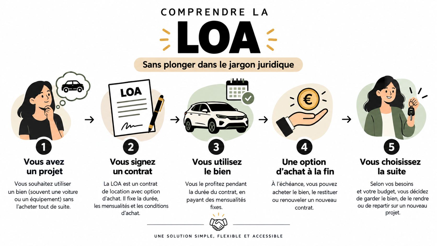 Infographie illustrant les cinq étapes simples pour comprendre le fonctionnement d'un contrat de location avec option d'achat.