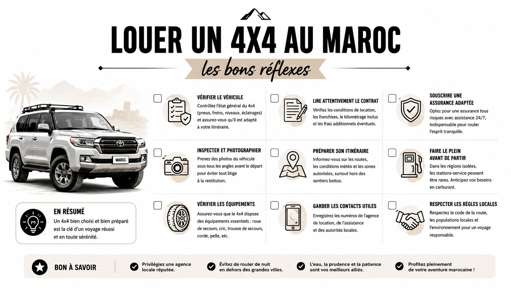 Infographie présentant les conseils essentiels pour bien louer et utiliser un véhicule 4x4 au Maroc.