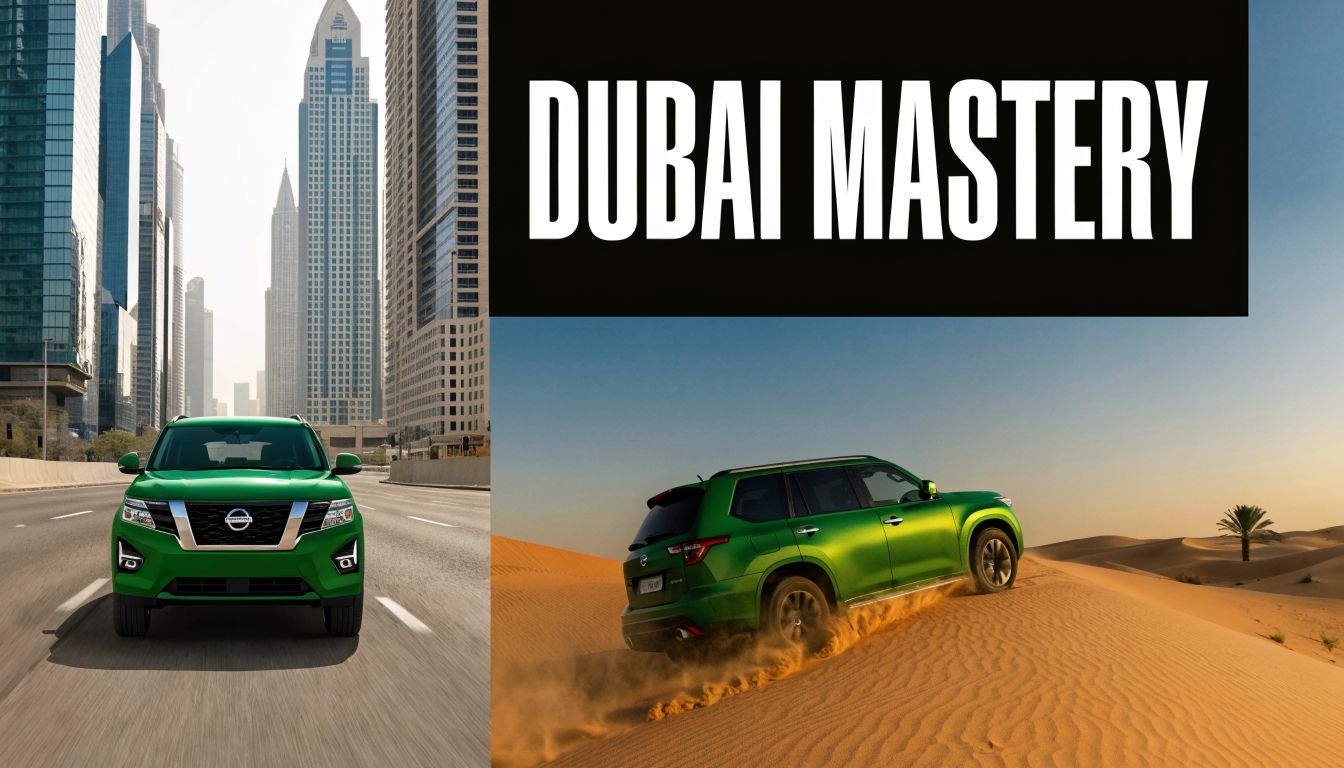 Nissan Patrol Rent Dubai: Ultimate Luxury SUV Hire 2 A green Nissan SUV driving on a city highway and climbing sand dunes in Dubai.