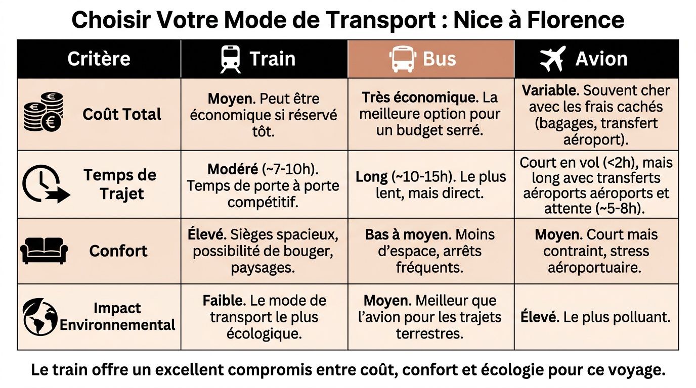 Nice to Florence by train: guide complet 2026 4 Tableau comparatif des modes de transport entre Nice et Florence par train, bus et avion.