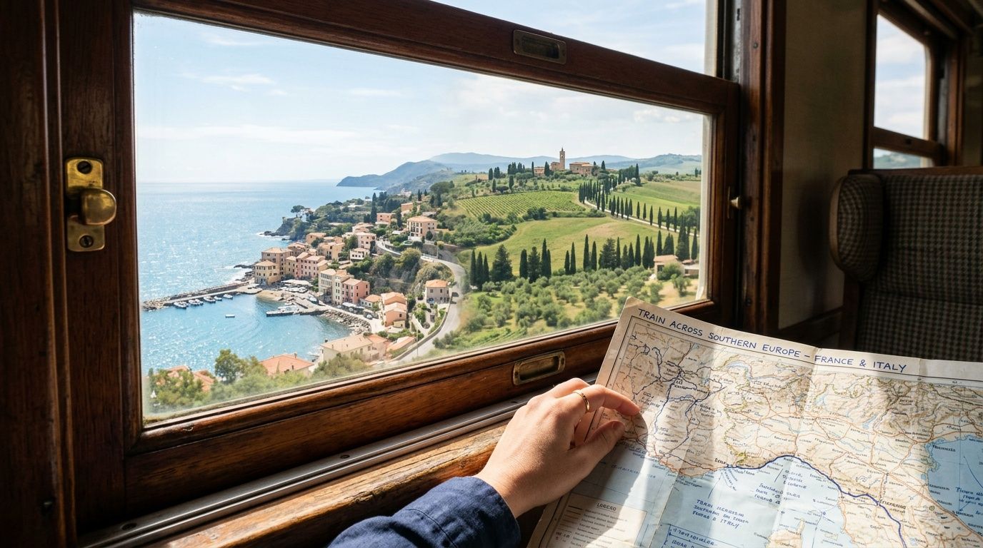 Nice to Florence by train: guide complet 2026 1 Une personne regarde une carte ferroviaire tout en admirant le paysage côtier méditerranéen depuis un train.