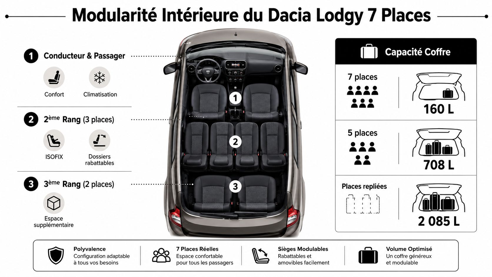 Dacia Lodgy 7 places : guide complet 2 Vue aérienne de l'intérieur modulable du Dacia Lodgy, illustrant les différentes configurations des sièges et du coffre.