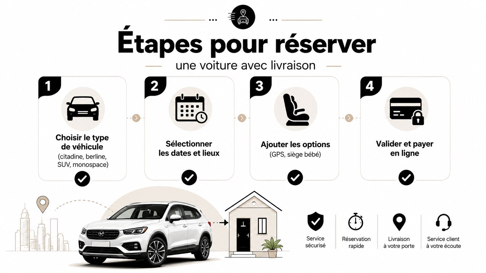 Infographie illustrant les quatre étapes simples pour réserver et se faire livrer une voiture en ligne.