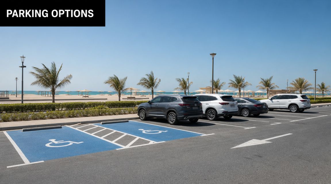 Ajman Beach Location: Your Luxury Guide to Visiting 3 Several cars parked in a sunny seaside parking lot with blue handicap accessible parking spaces.