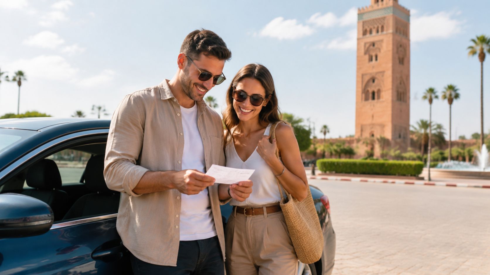 Un couple souriant regardant une feuille de papier devant leur voiture lors d'un voyage au Maroc.
