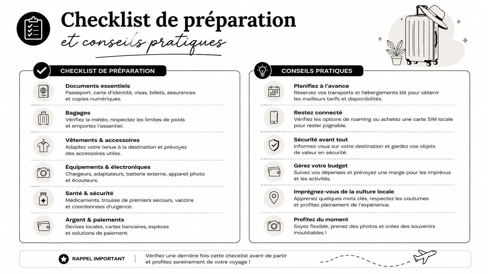Road trip Maroc 2 semaines : itinéraire complet 4 Une infographie organisée présentant une liste de contrôle de voyage et des conseils pratiques pour bien préparer son voyage.