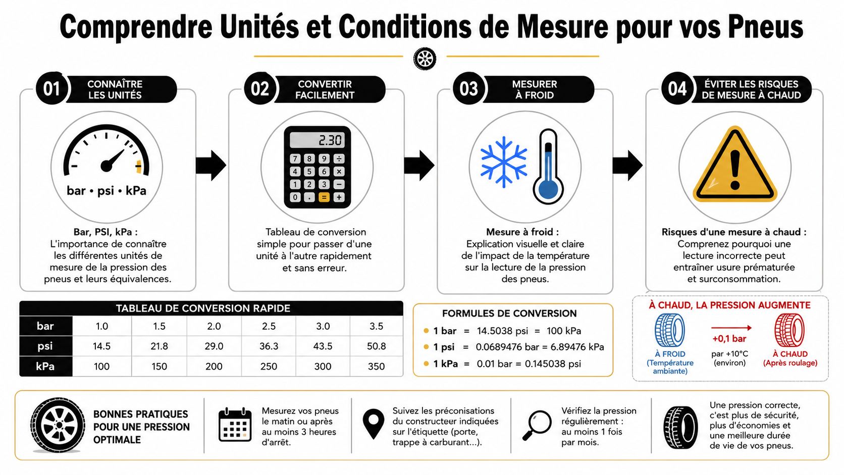 Infographie pédagogique sur les unités de pression des pneus, les conversions et les bonnes pratiques de mesure.