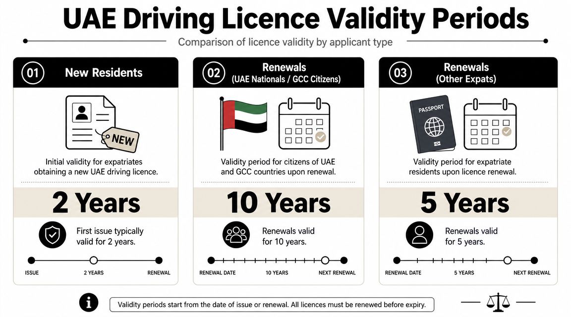 Your 2026 Guide: Uae Driving License Validity Explained 2 An infographic detailing the validity periods for UAE driving licences for new residents and renewals.