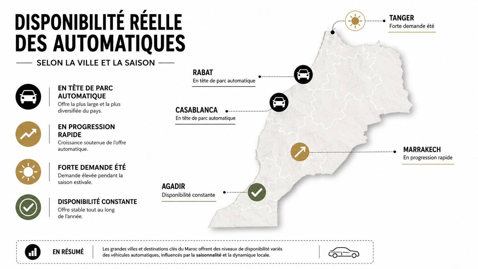 Carte du Maroc illustrant la disponibilité réelle des voitures automatiques dans différentes villes selon la saison.