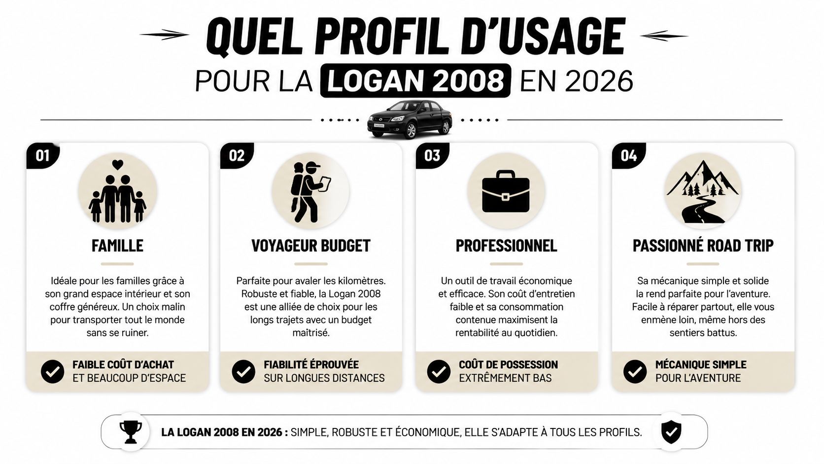 Dacia Logane 2008 : guide complet de la berline 4 Infographie illustrant les quatre profils d'usage idéaux pour conduire une Dacia Logan de 2008 en 2026.