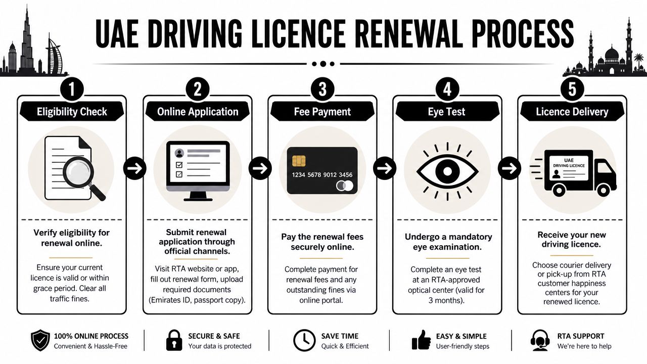 Your 2026 Guide: Uae Driving License Validity Explained 4 A five-step infographic showing the process for renewing a driving licence in the United Arab Emirates.