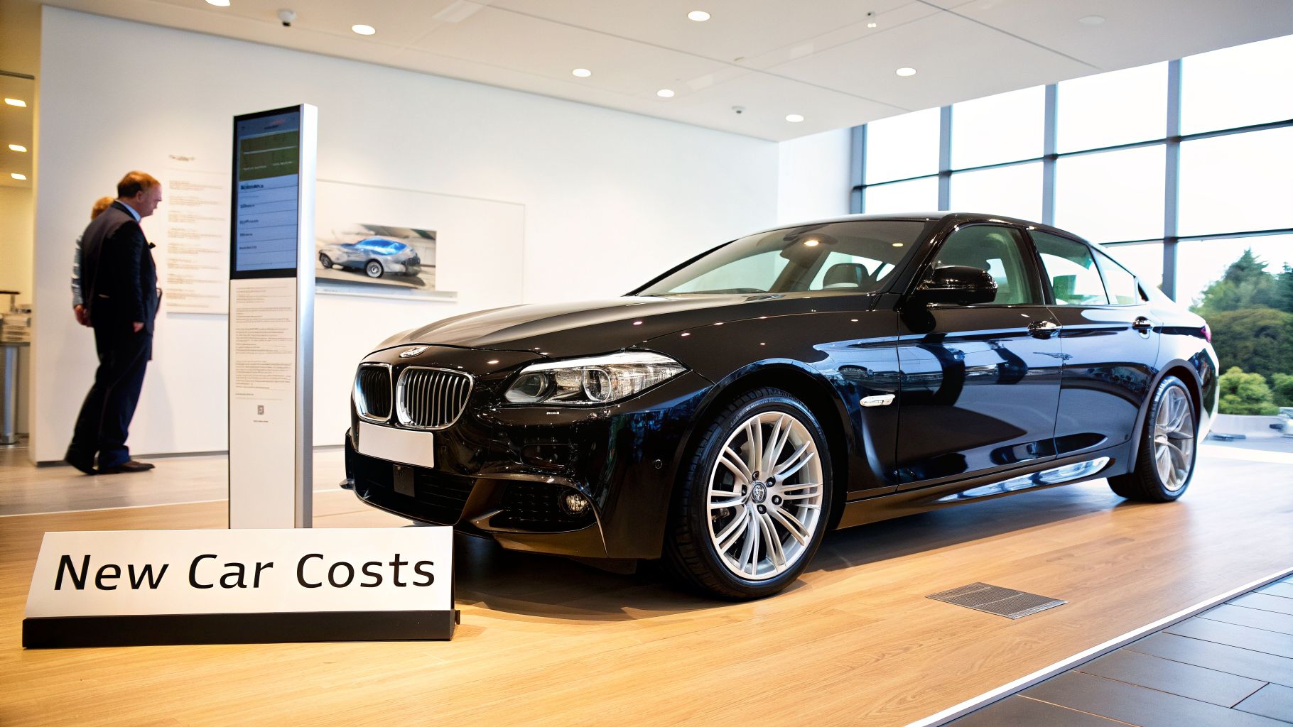 A sleek black BMW 5 Series sedan on display in a modern showroom with 'New Car Costs' sign.
