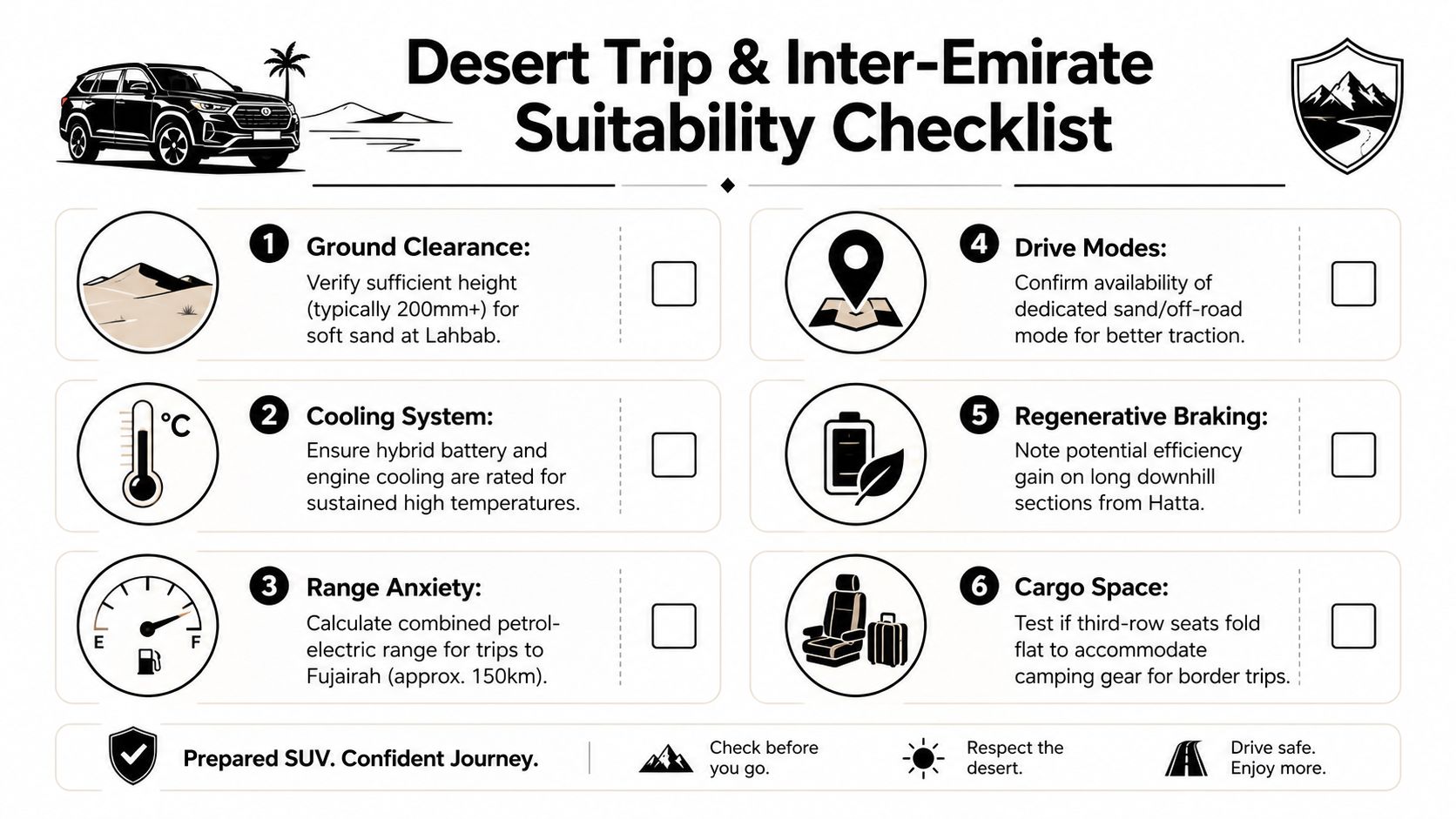 7 Seater Hybrid SUV in Dubai: A Practical Buyer's Guide 1 A comprehensive checklist for preparing a 7-seater hybrid SUV for desert trips and inter-emirate travel.