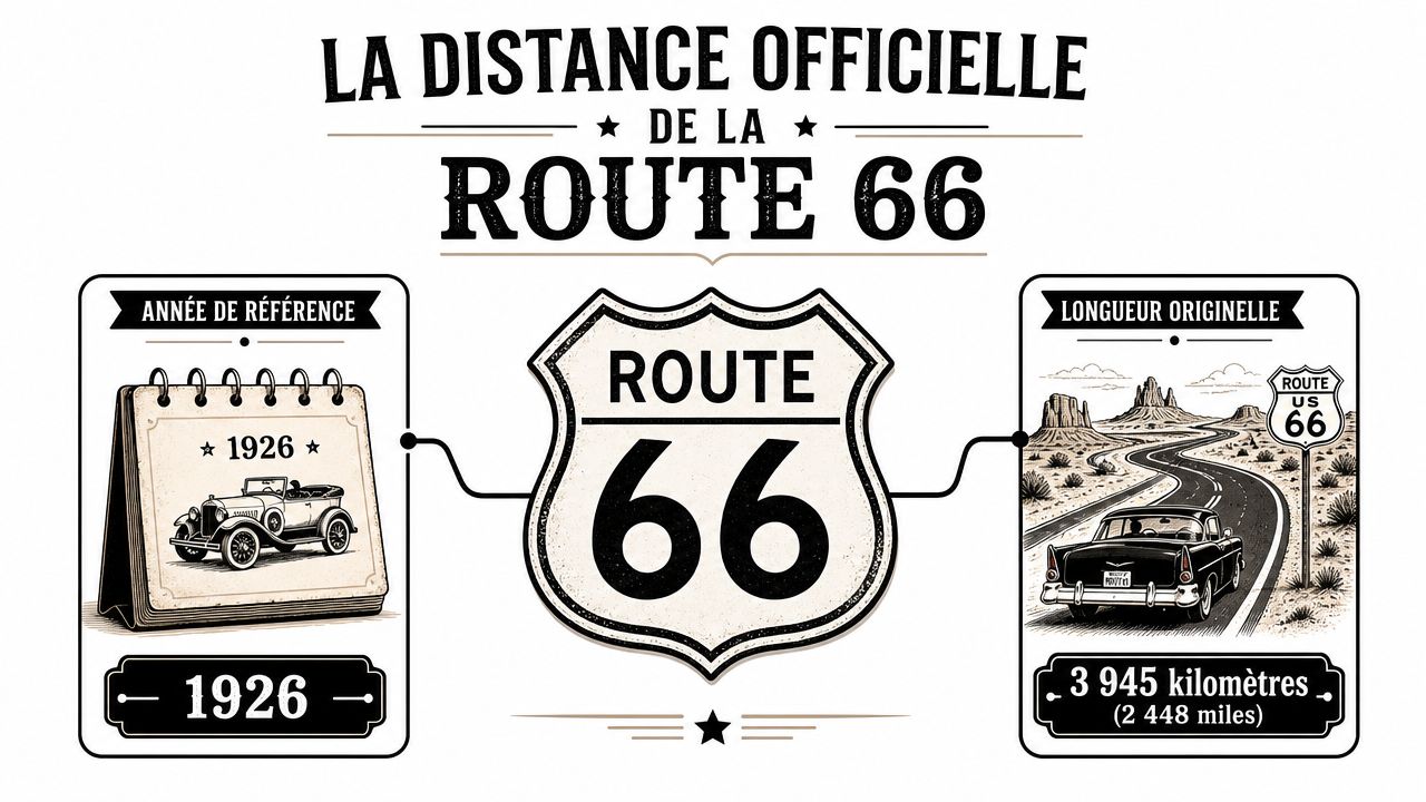 Une infographie montrant la distance officielle de la Route 66 en 1926, soit 3945 kilomètres ou 2448 miles.