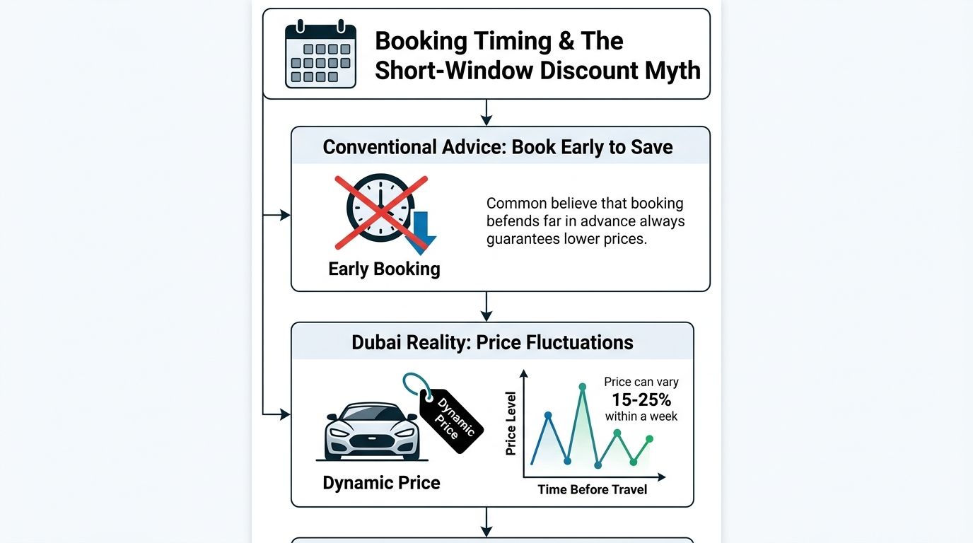 How to Find the Best Deals on Car Rentals in Dubai 1 An infographic titled Booking Timing and the Short-Window Discount Myth comparing early booking and dynamic pricing.