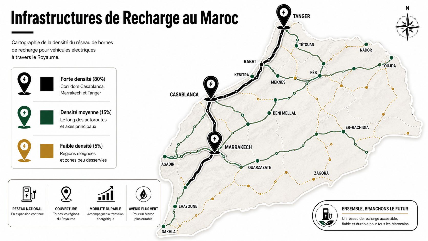 Voiture écologique maroc 1 Carte illustrant la densité et la répartition des infrastructures de recharge pour véhicules électriques au Maroc.