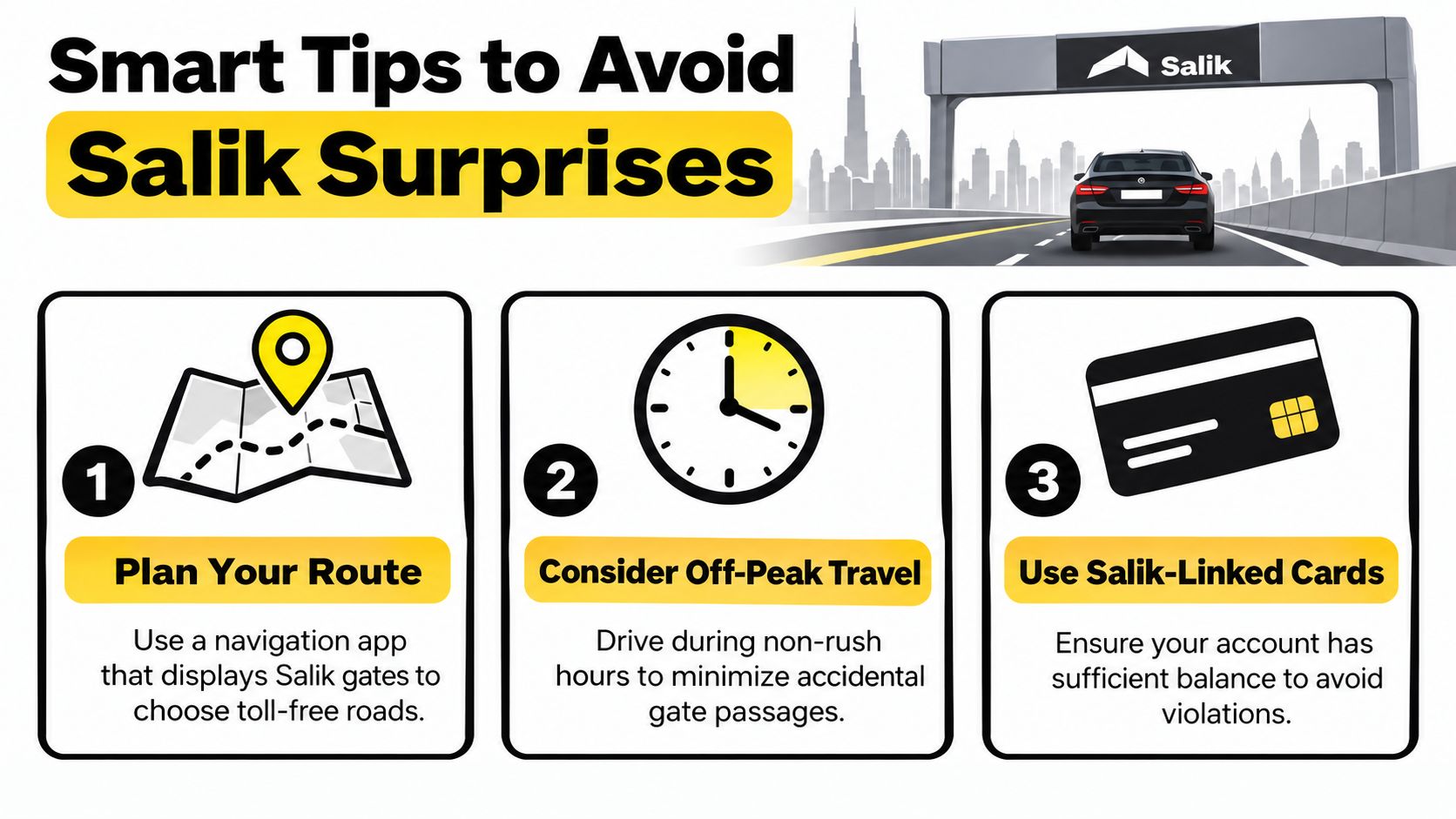An infographic titled Smart Tips to Avoid Salik Surprises with advice on route planning, timing, and payments.