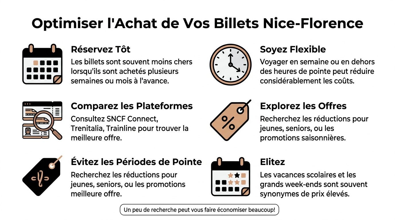 Nice to Florence by train: guide complet 2026 3 Une infographie pratique donnant six conseils pour économiser sur l'achat de billets de train Nice-Florence.