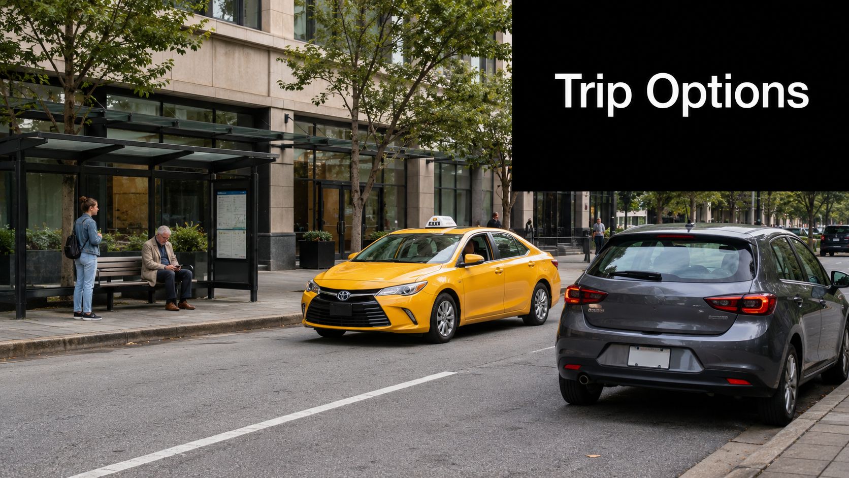 A yellow taxi driving on a city street past a bus stop with people sitting and waiting.