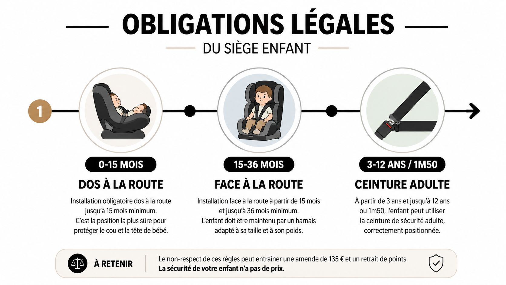 Infographie illustrant les obligations légales pour le choix d'un siège auto enfant selon l'âge et la taille.