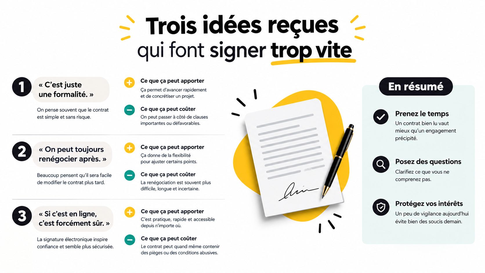 Infographie illustrant trois idées reçues sur la signature de contrats, mettant en garde contre les engagements précipités.