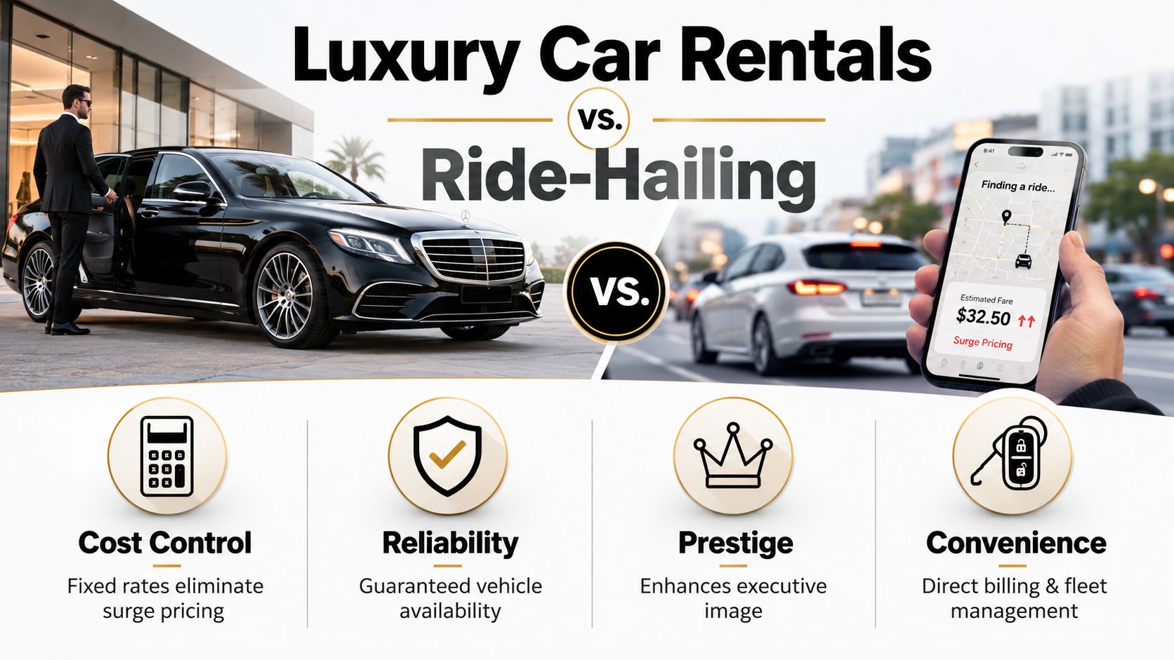 Corporate Travel in Dubai: Executive Mobility Guide 2 A comparative infographic showing the benefits of luxury car rentals versus ride-hailing services for business travelers.