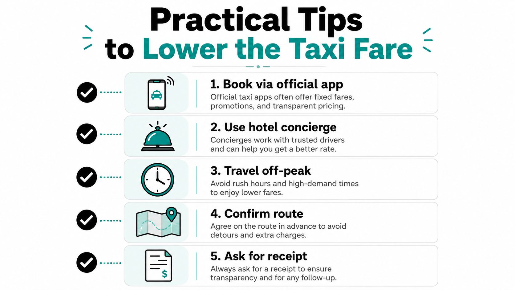 Taxi from Abu Dhabi to Dubai Cost: The 2026 Guide 4 An infographic titled Practical Tips to Lower the Taxi Fare with five numbered steps for saving money.