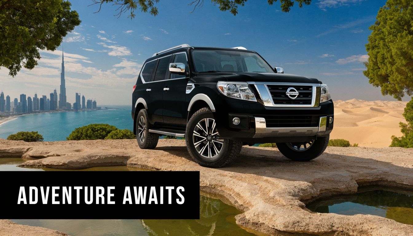 Nissan Patrol Rent Dubai: Ultimate Luxury SUV Hire 3 A black Nissan Patrol SUV parked on rocky terrain overlooking the Dubai skyline and desert dunes.